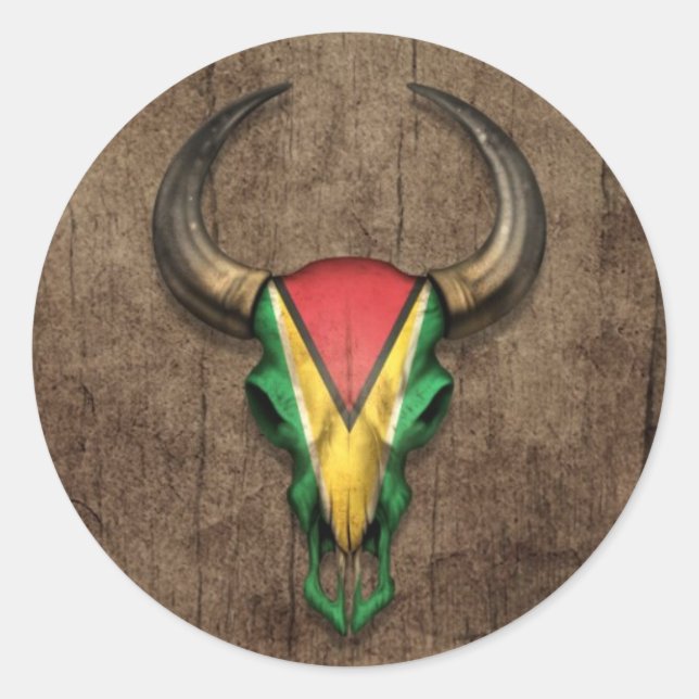 Adesivo Redondo Guyana Flag Bull Skull on Wood Effect (Frente)