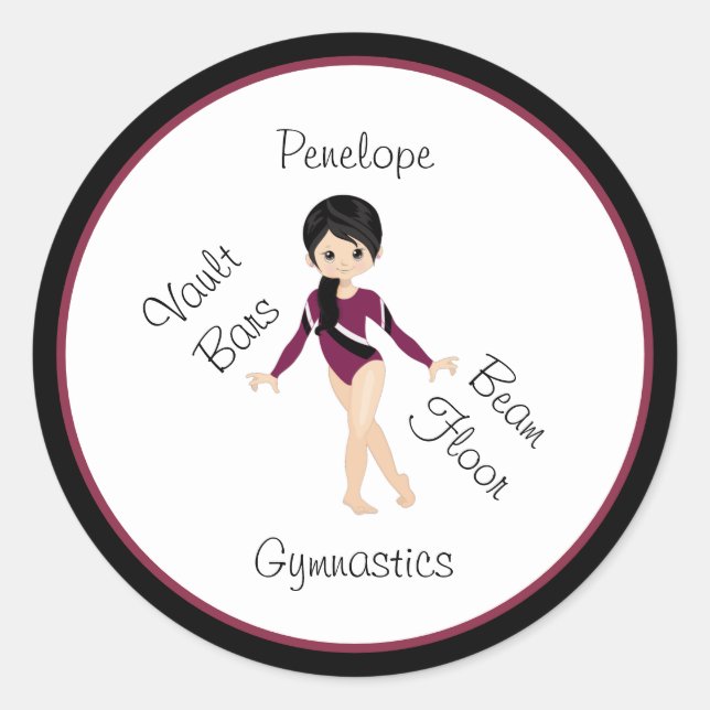 Adesivo Redondo Gymnastics Black Hair, Brown Eyes, Burgundy Leo (Frente)