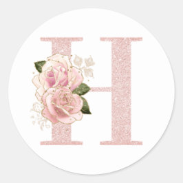 Adesivo Redondo H de Monograma Floral com Brilho em Dourado Rosa P