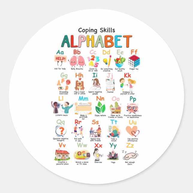 Adesivo Redondo Habilidades Abc Alphabet Mental Health Awarness Co (Frente)