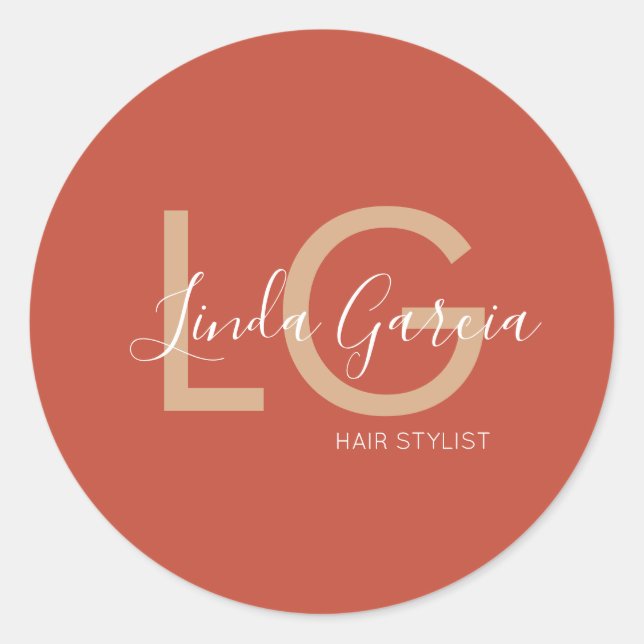 Adesivo Redondo Hair Stylist Laranja Queimada Beige Monograma (Frente)