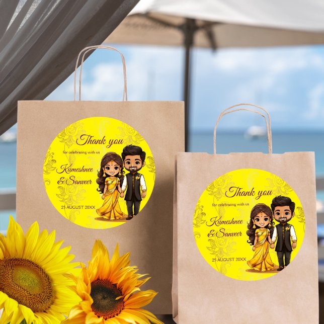 Adesivo Redondo Haldi Sanget, obrigado de casamento índia, a favor (Haldi Sanget cute bridal couple Indian wedding favors personalized printed thank you favor Sticker)
