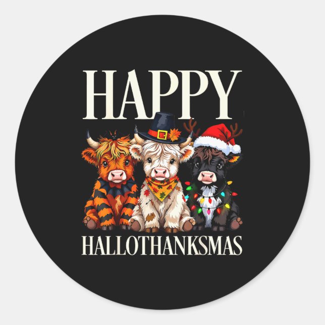 Adesivo Redondo Hallothanksmas Highland Cow Halloween Thanksgiving (Frente)