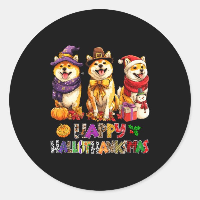 Adesivo Redondo Hallothanksmas Shiba Dogs Halloween Christmas Pump (Frente)