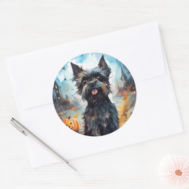 Adesivo Redondo Halloween Affenpinscher Com Pumpkins Assustado (Envelope)