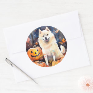 Adesivo Redondo Halloween American Akita Com Pumpkins Assustado