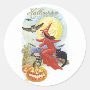 Adesivo Redondo Halloween Antigo, Bruxa Voadora com um Gato Preto