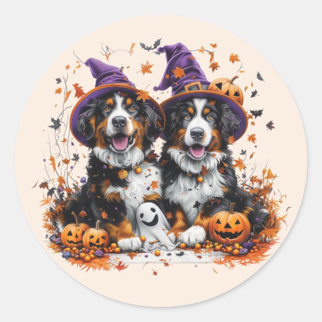 Adesivo Redondo Halloween Bernese Mountain Dogs Witch Ghost (Frente)