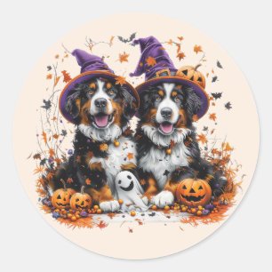 Adesivo Redondo Halloween Bernese Mountain Dogs Witch Ghost