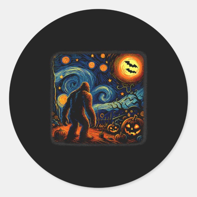 Adesivo Redondo Halloween Bigfoot Starry Night Van Gogh Sasquatch  (Frente)