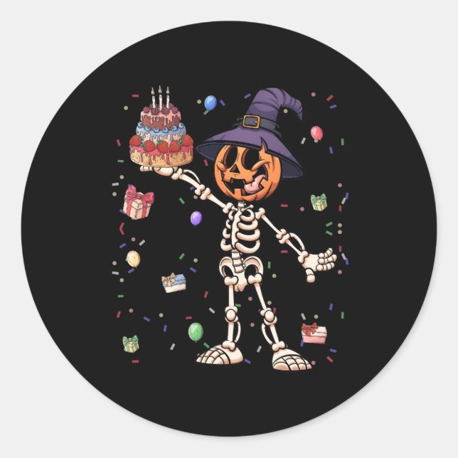 Adesivo Redondo Halloween Birthday Outfit Pupmkin Skeleton Birthda (Frente)