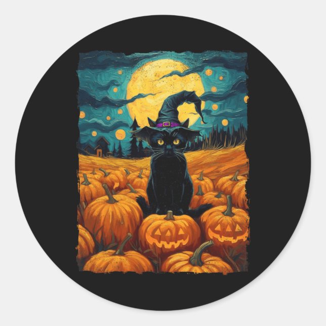 Adesivo Redondo Halloween Black Cat Van Gogh Witch Kawaii Pumpkin (Frente)