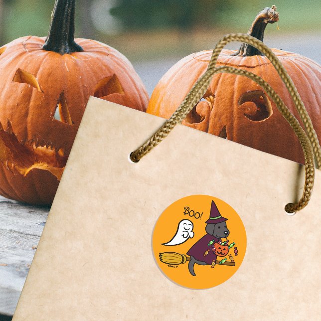 Adesivo Redondo Halloween Black Labrador and Broom (Halloween Black Labrador and Broom Stickers for Labrador Owners.  Cute Cartoon Design.)