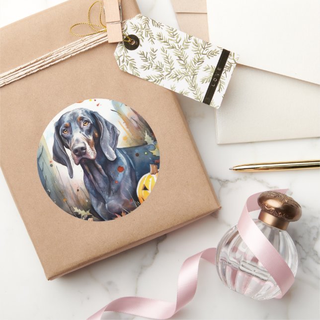 Adesivo Redondo Halloween Bluetick Coonhound Com Pumpkins Assustad (Presentear)