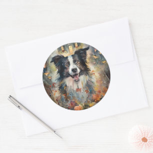 Adesivo Redondo Halloween Border Collie Com Pumpkins Assustado