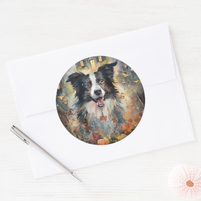 Adesivo Redondo Halloween Border Collie Com Pumpkins Assustado (Envelope)