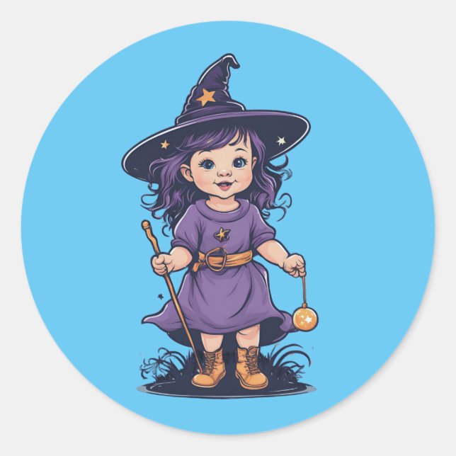 Adesivo Redondo Halloween, bruxa 16 bebê, bruxa querido, para cria (Frente)