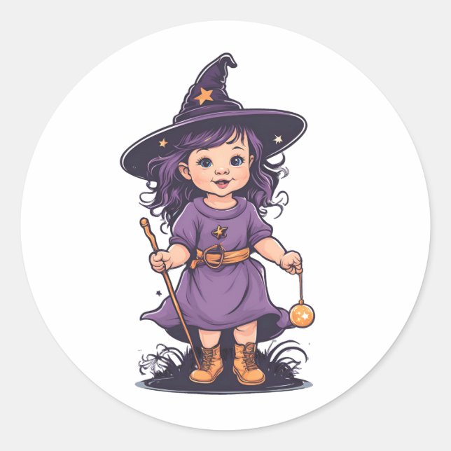 Adesivo Redondo Halloween, bruxa 16 bebê, bruxa querido, para cria (Frente)