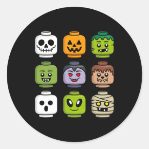 Adesivo Redondo Halloween Building Brick Head Pumpkin Ghost Zombie
