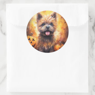 Adesivo Redondo Halloween Cairn Terrier Com Pumpkins Assustado
