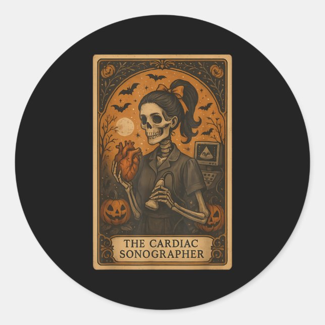 Adesivo Redondo Halloween Cardiac Sonographer Tarot Card Skeleton  (Frente)