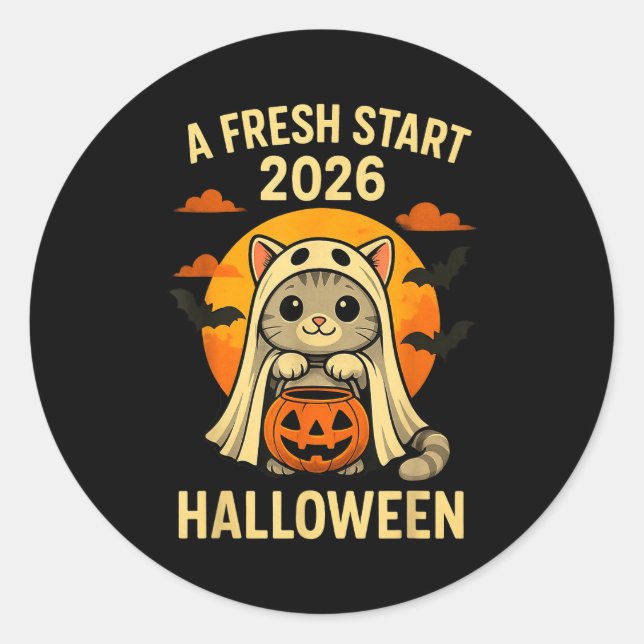 Adesivo Redondo Halloween Cat Ghost Graphic - Fresh Start 2026  (Frente)