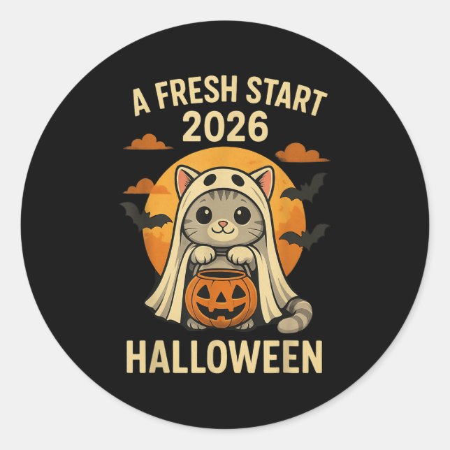Adesivo Redondo Halloween Cat Ghost Graphic - Fresh Start 2026  (Frente)