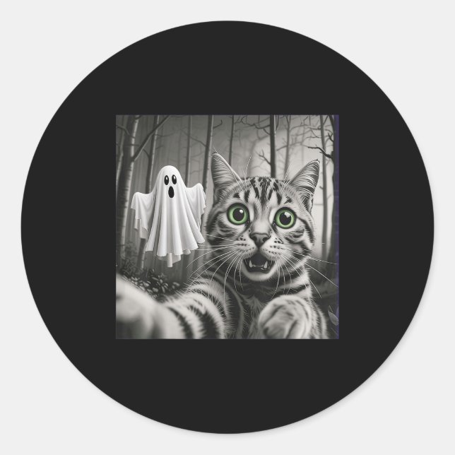 Adesivo Redondo Halloween Cat Selfie With Soky Ghost  (Frente)