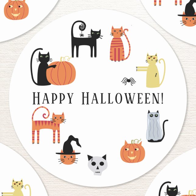 Adesivo Redondo Halloween Cat Spooky (Fun Halloween cat custom text sticker)