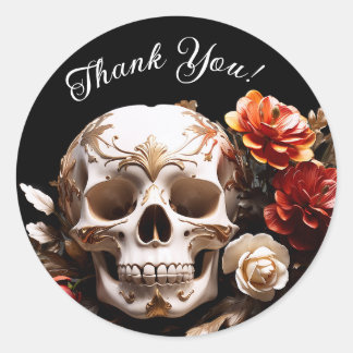 Adesivo Redondo Halloween - Caveira e Flores Obrigado Stickers