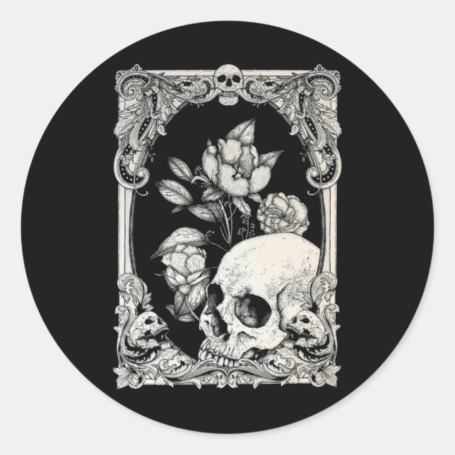 Adesivo Redondo Halloween Caveira Pastel Gótico Flor Gótico Floral (Frente)