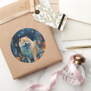 Adesivo Redondo Halloween Chow Chow Com Pumpkins Assustado