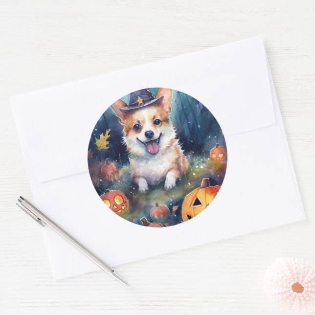 Adesivo Redondo Halloween Corgi Com Pumpkins Assustado (Envelope)