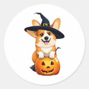 Adesivo Redondo Halloween Corgi Witch Hat