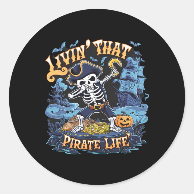 Adesivo Redondo Halloween Dabbing Pirate Skeleton Simples Hallowee (Frente)