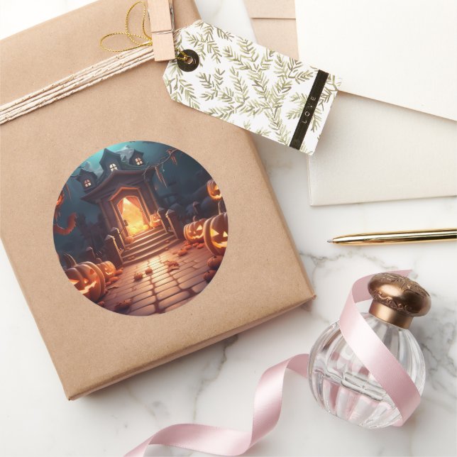 Adesivo Redondo Halloween de abóbora brilhante (Presentear)