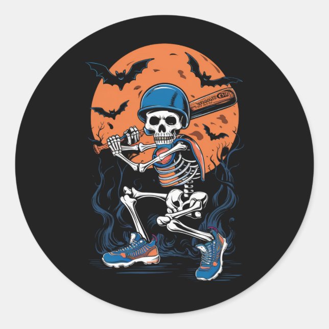 Adesivo Redondo Halloween de Baseball Halloween do Skeleton de Bas (Frente)
