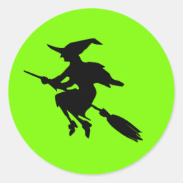 Adesivo Redondo Halloween de bruxa voadora verde limão e Negra