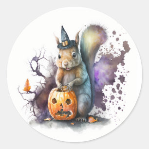 Adesivo Redondo Halloween de Esquilo de Aquarela