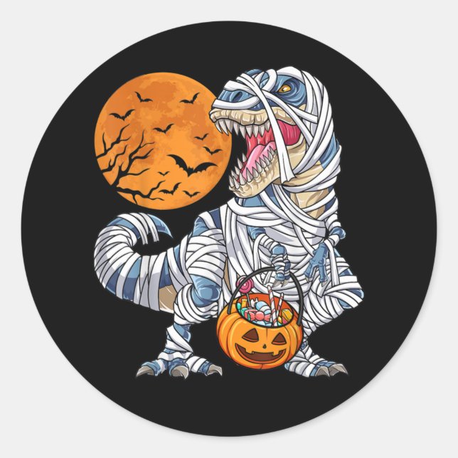 Adesivo Redondo Halloween Dinossaur T rex Mummy Pumpkin (Frente)