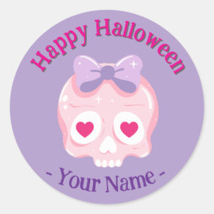 Adesivo Redondo Halloween do crânio roxo, rosa, pastel personaliza