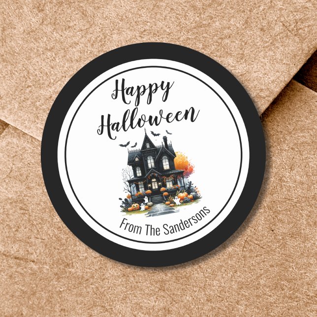 Adesivo Redondo Halloween do Halloween da Casa Assombrada (Haunted House Happy Halloween Classic Round Sticker)