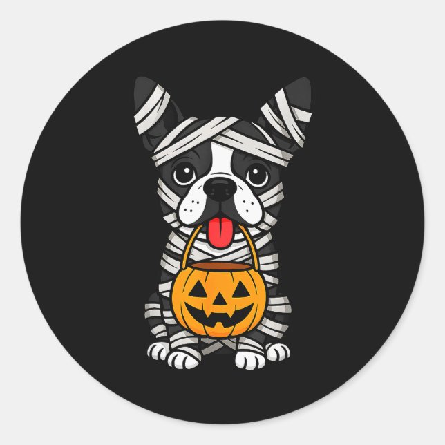 Adesivo Redondo Halloween Dog Boston Terrier Mummy Costume Men Wom (Frente)