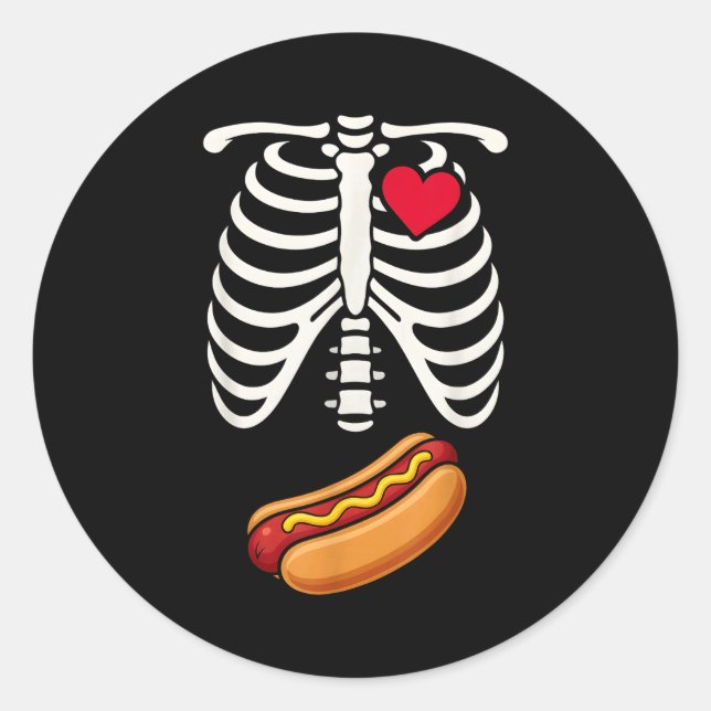 Adesivo Redondo Halloween Funny Skeleton Ribcage Hotdog Food Lover (Frente)