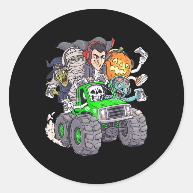 Adesivo Redondo Halloween Gamer Skeleton Zombie Monster Truck Boys (Frente)