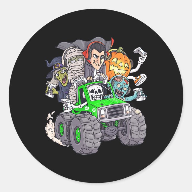 Adesivo Redondo Halloween Gamer Skeleton Zombie Monster Truck Boys (Frente)