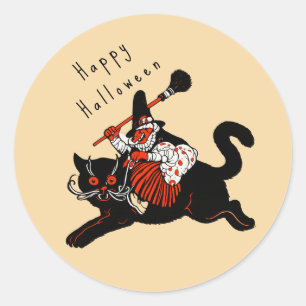 Adesivo Redondo Halloween Gato Preto Feitiçaria Art Déco Vintage d