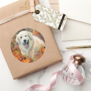 Adesivo Redondo Halloween Great Pyrenees Com Abóboras Assustador