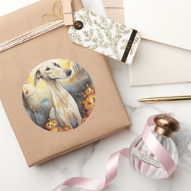 Adesivo Redondo Halloween Greyhound Com Pumpkins Assustado (Presentear)