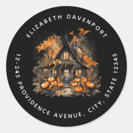Adesivo Redondo Halloween Haunted House com Endereço de Pumpkins